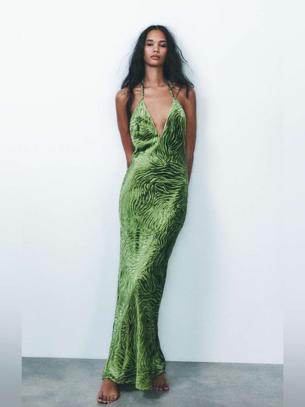 Zara Olive Green Velvet Burnout Halter Maxi Dress
